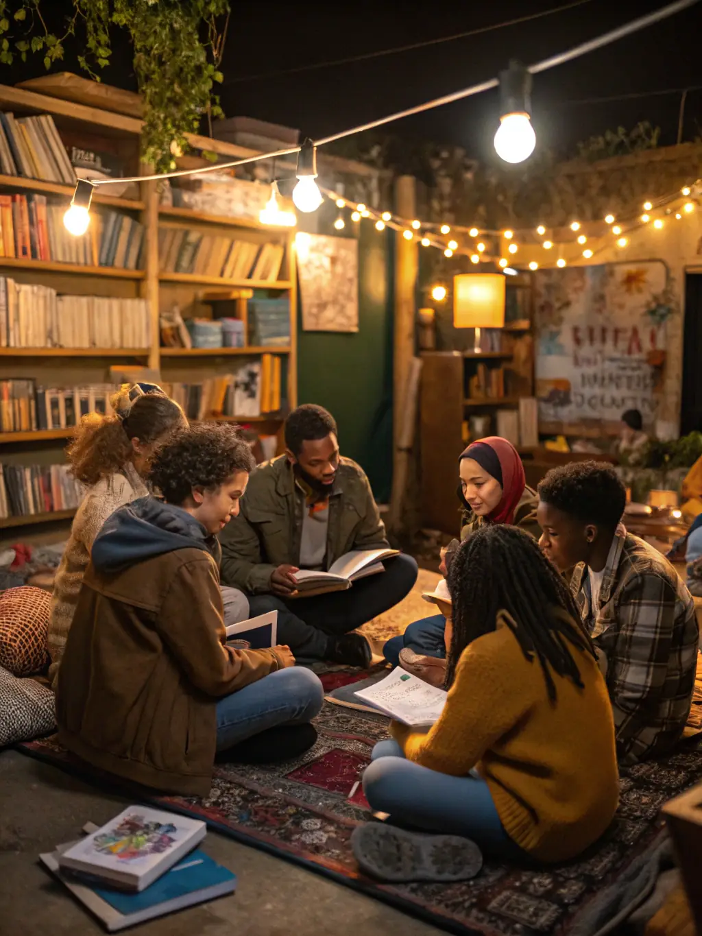 A picture of a group of young people participating in a storytelling session focused on local folklore and traditions, led by a senior member of L'ENSEMBLE FOLKLORIQUE LES BERRIAUDS DE VIERZON. The setting is a cozy library or community center.